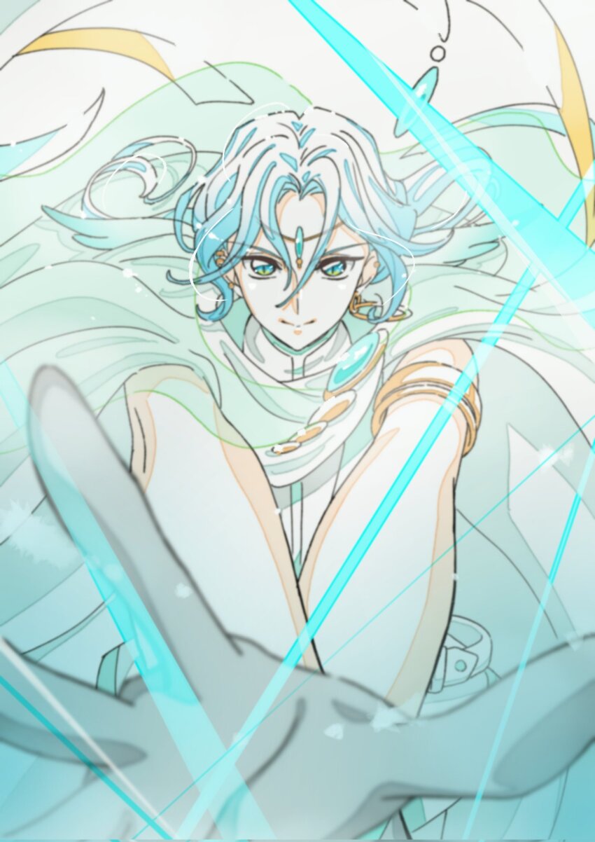 1boy, arm_cuffs, bare_arms, belt, brooch, cloak, closed_mouth, cure_connect