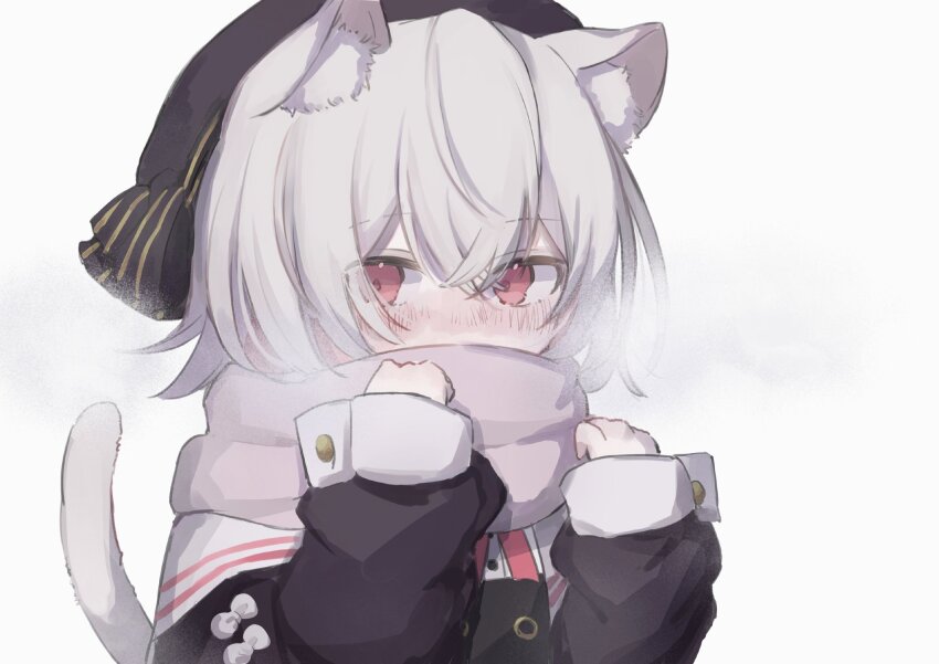 1girl, adjusting_scarf, animal_ear_fluff, animal_ears, arazan_(ara_arazan24), beret, black_dress, black_hat