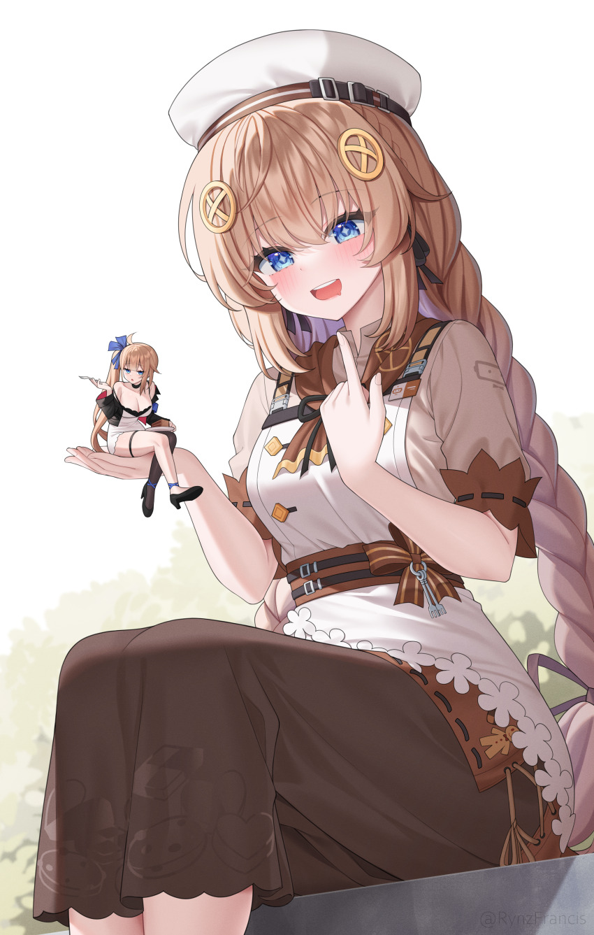 +_+, 2girls, absurdres, apron, blue_eyes, blush, braid, braided_ponytail
