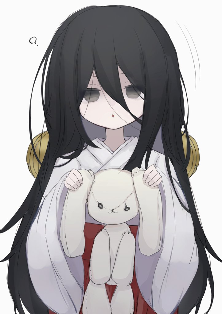 1girl, ?, arazan_(ara_arazan24), bell, black_eyes, black_hair, chuugoku_usagi, empty_eyes, hair_bell, hair_between_eyes, hair_ornament, hakama, holding, holding_stuffed_toy, japanese_clothes, kimono, long_bangs, long_hair, miko, no_pupils, open_mouth, parted_lips, red_hakama, simple_background, solo, straight-on, stuffed_animal, stuffed_rabbit, stuffed_toy, utau, voicevox, white_background, white_kimono, wide_sleeves