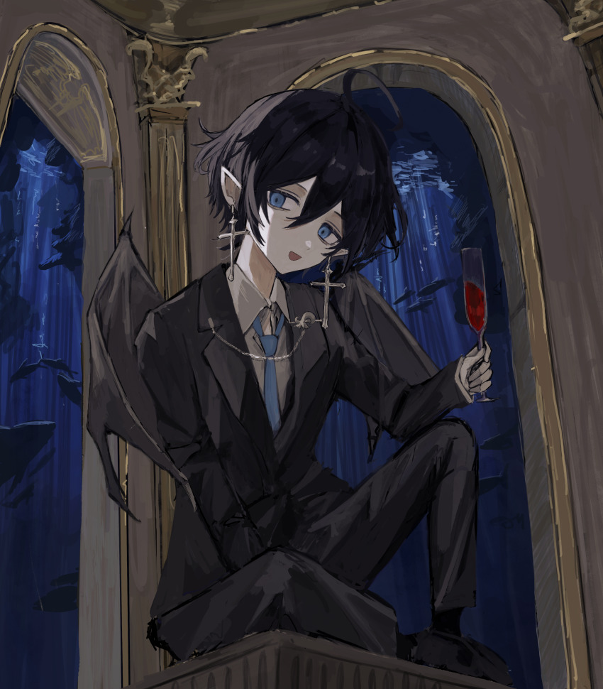 1boy, :d, absurdres, ahoge, aquarium, black_hair, black_jacket, black_pants, blue_eyes, blue_necktie, caelum_(utatatane), commission, commissioner_upload, cross, cross_earrings, demon_wings, earrings, fish, flute, formal_clothes, full_body, highres, holding, holding_flute, holding_instrument, instrument, jacket, jewelry, knee_up, ku-ron, lapel_chain, looking_at_viewer, male_focus, necktie, non-web_source, open_mouth, original, pants, pointy_ears, sitting, skeb_commission, smile, solo, suit, wings