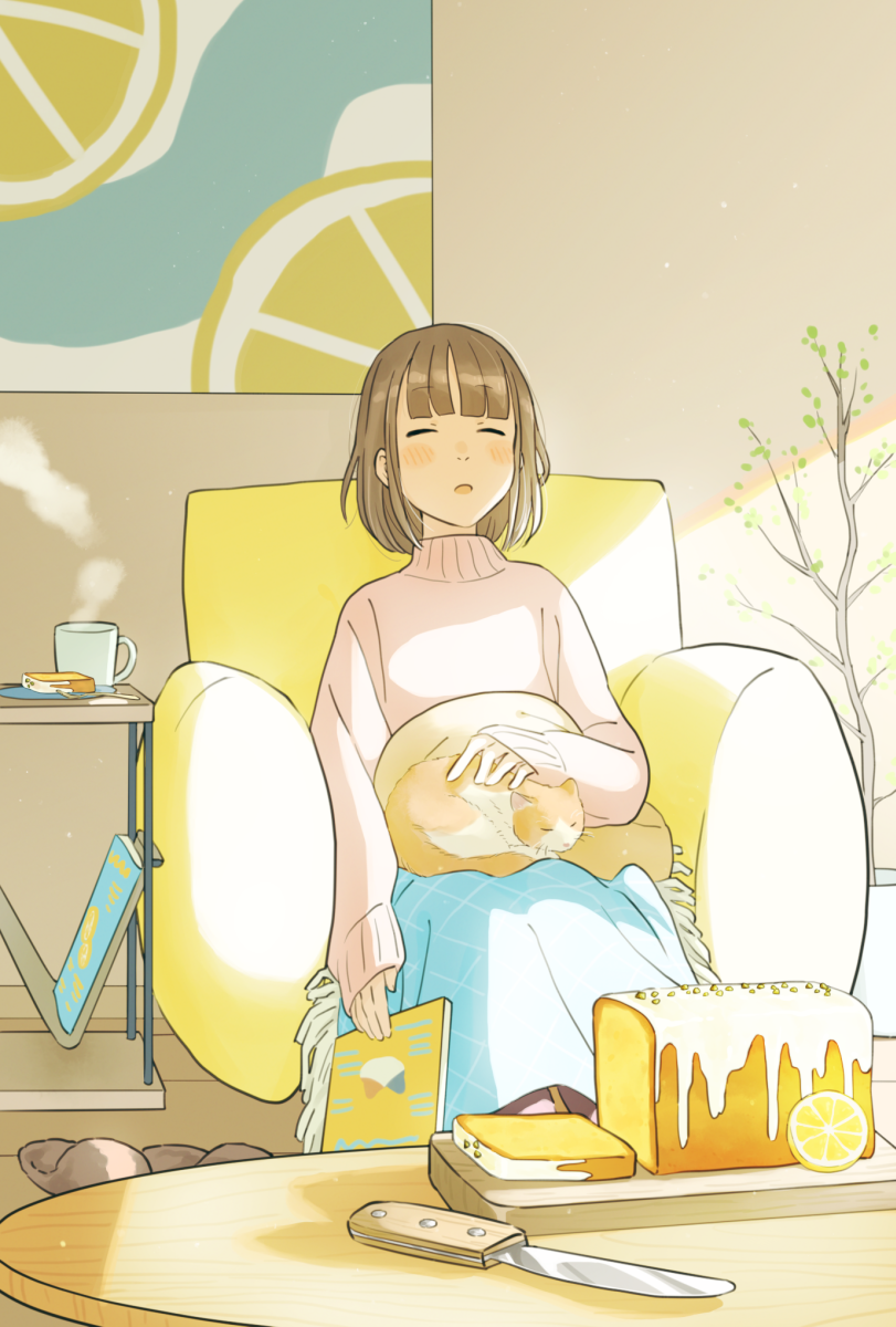 1girl, animal, animal_on_lap, blue_skirt, blush_stickers, brown_hair, cake, cake_slice