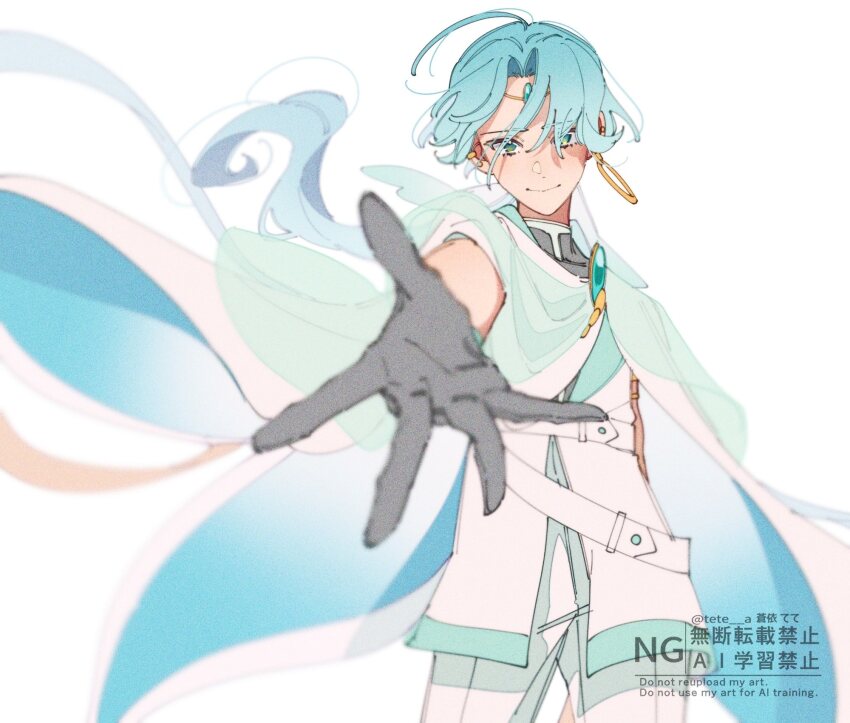 1boy, aoi_tete, arm_cuffs, bare_arms, belt, black_gloves, brooch, cloak