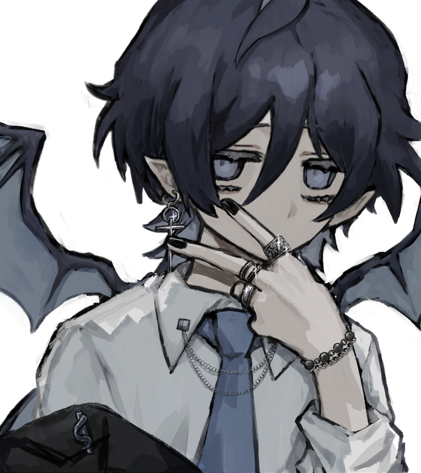 1boy, black_hair, black_jacket, black_nails, blue_eyes, blue_necktie, caelum_(utatatane), chain