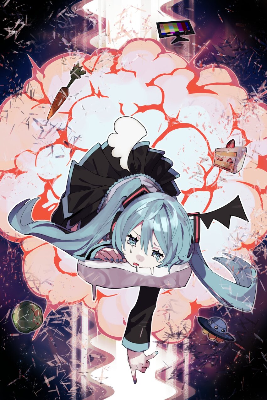 1girl, aqua_eyes, aqua_hair, aqua_nails, asymmetrical_wings, cabbage, cake, cake_slice