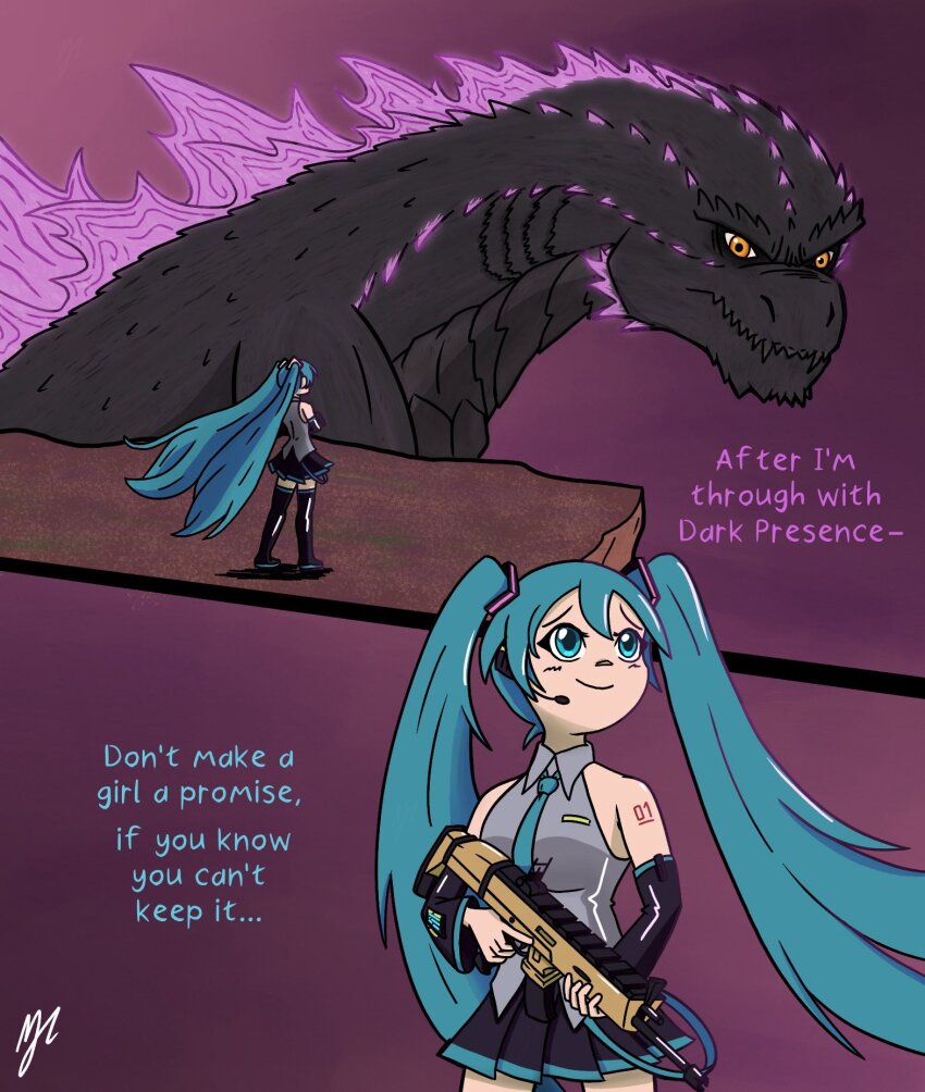 1girl, aqua_eyes, aqua_hair, aqua_necktie, arm_warmers, bare_shoulders, black_arm_warmers, black_scales, black_skirt, black_thighhighs, bullpup, collared_shirt, commentary, crossover, english_commentary, english_text, fortnite, glowing_spines, godzilla, godzilla_(monsterverse), godzilla_(series), godzilla_evolved, godzilla_x_kong:_the_new_empire, grey_shirt, gun, hair_between_eyes, hatsune_miku, headpiece, highres, holding, holding_gun, holding_weapon, kaiju, king_kong_(series), legendary_pictures, lizard, long_hair, mjc_09, monsterverse, multiple_crossover, necktie, pleated_skirt, rifle, scene_reference, shirt, skirt, sleeveless, sleeveless_shirt, smile, thighhighs, toho, twintails, very_long_hair, vocaloid, weapon, yellow_eyes