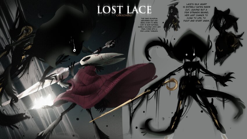 2girls, absurdres, arthropod_girl, artist_name, black_eyes, black_skin, cloak, colored_skin, eldritch_abomination, english_text, full_body, highres, holding, holding_weapon, hollow_eyes, hollow_knight, hollow_knight:_silksong, horned_mask, hornet_(hollow_knight), lace_(hollow_knight), looking_at_another, lost_lace, mask, multiple_girls, needle_(hollow_knight), onionsued, pin_(hollow_knight), red_cloak, standing, weapon, white_eyes, white_mask