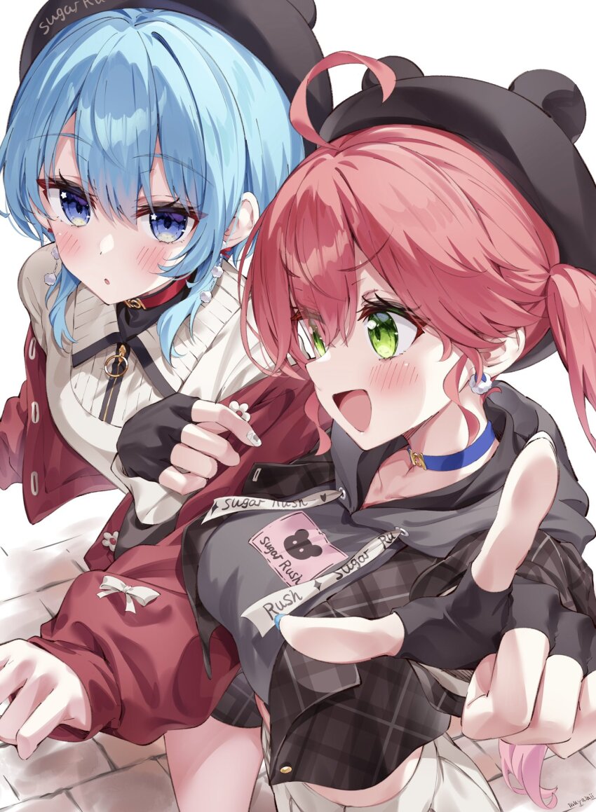 2girls, :d, ahoge, beret, black_gloves, blue_choker, blue_eyes, blue_hair