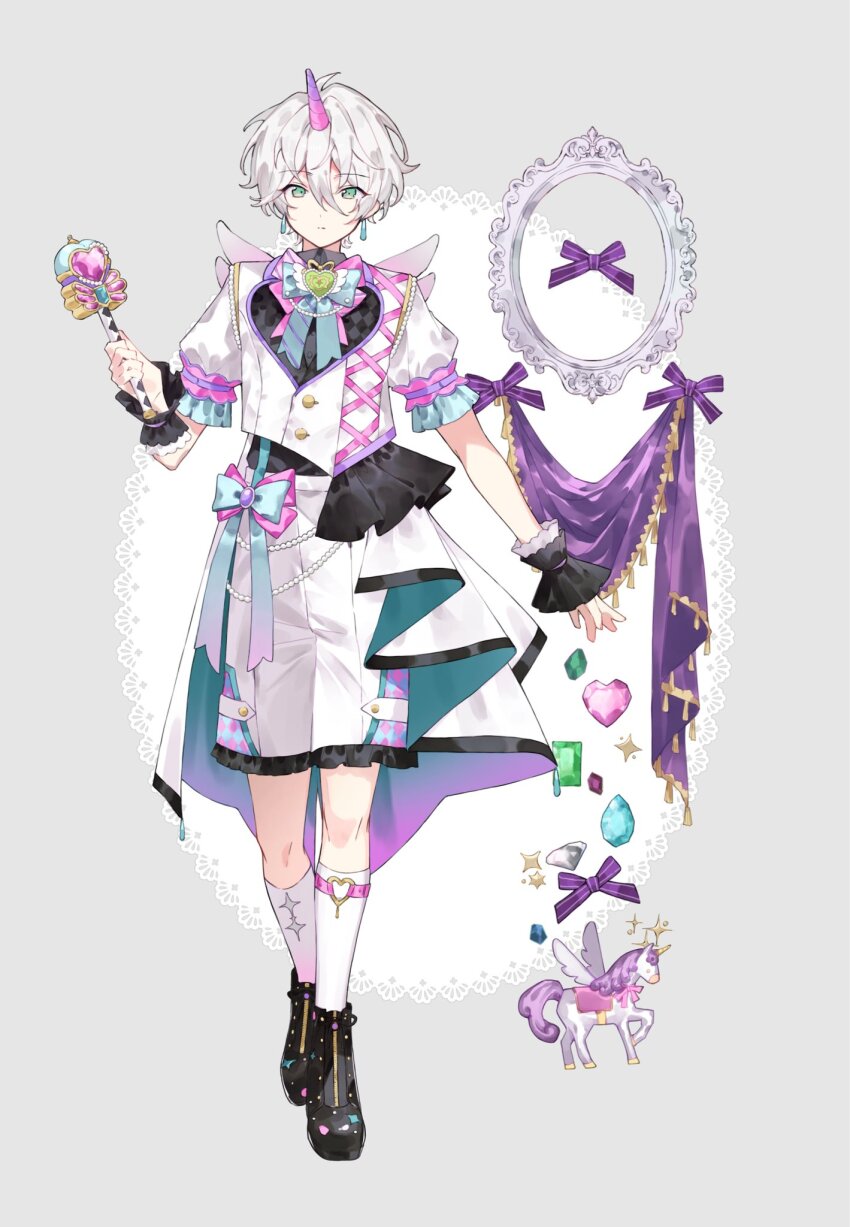 1boy, bead_belt, black_shirt, black_shoes, blue_bow, bow, bowtie, buttons