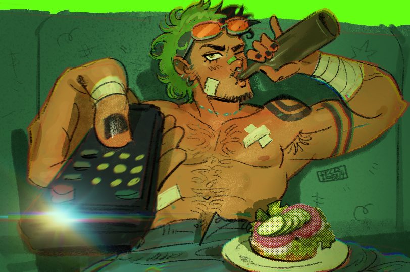 1boy, antonio_leon_mars_(skcd_loen), arm_tattoo, armpit_hair, artist_logo, bandaged_arm, bandaged_fingers, bandages