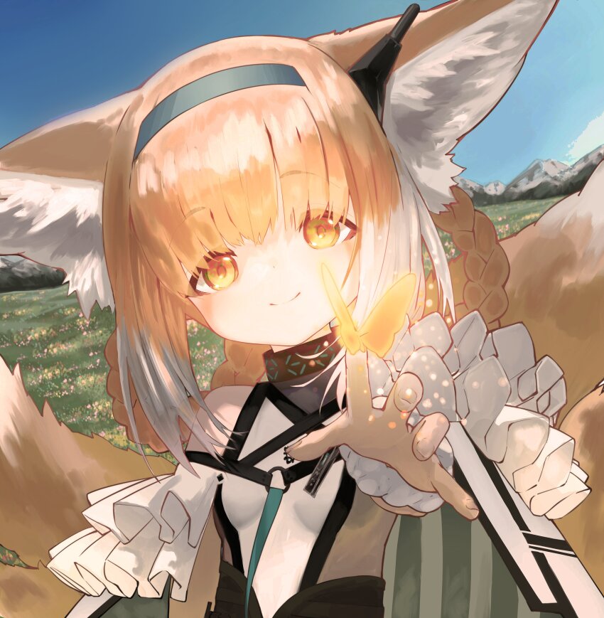 1girl, absurdres, animal_ears, arknights, braid, braided_hair_rings, fox_ears, fox_girl