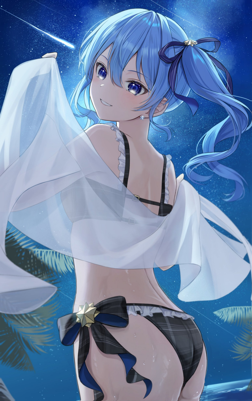 1girl, absurdres, ass, back, bikini, blue_eyes, blue_hair, bow