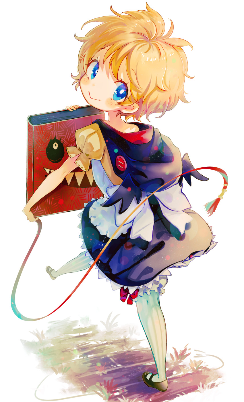 1girl, 1other, absurdres, black_shoes, blonde_hair, blue_eyes, book, bookmark