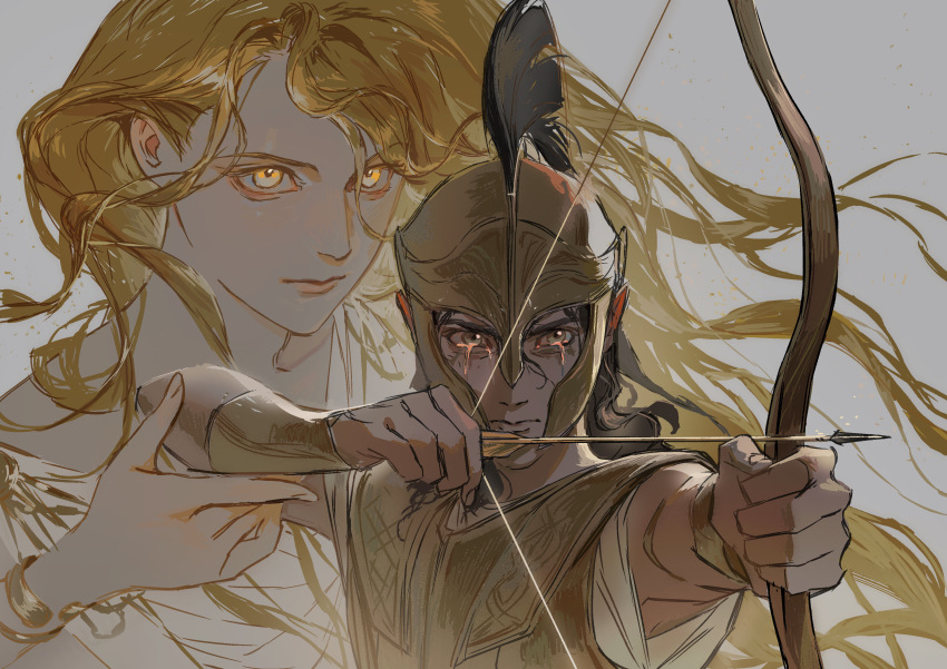 2boys, absurdres, aiming, apollo_(mythology), arm_guards, black_hair, blonde_hair, bow_(weapon)