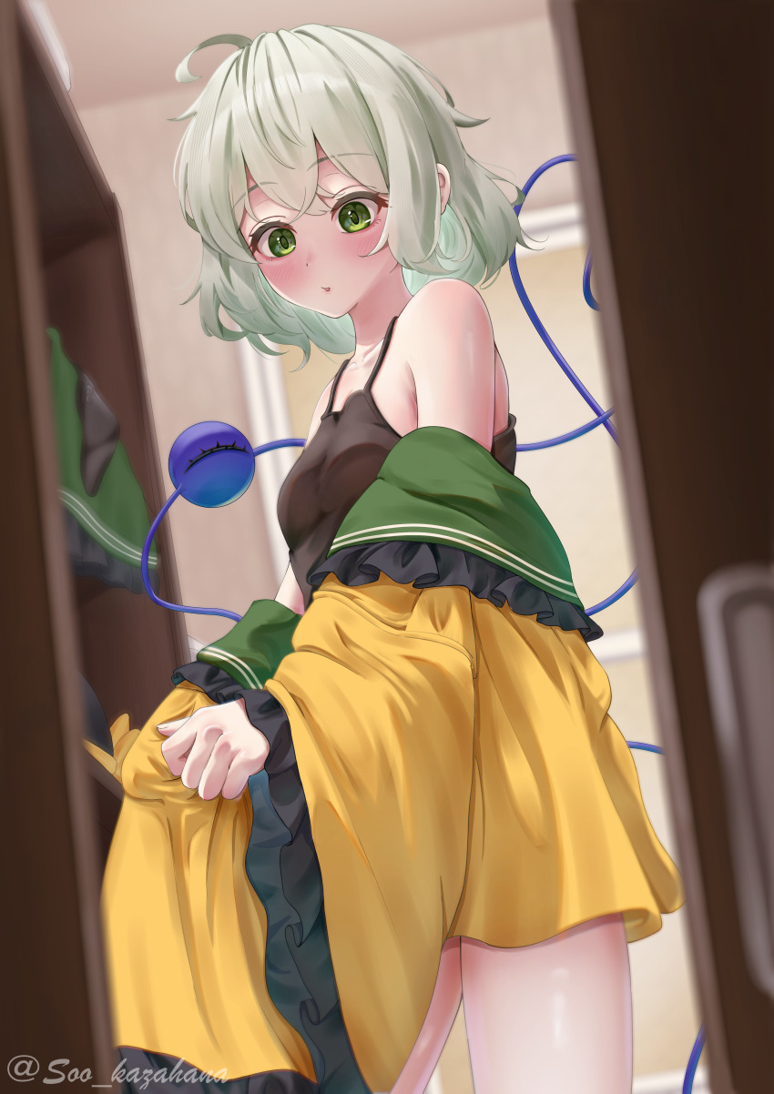 1girl, absurdres, ahoge, black_camisole, black_panties, blurry, blush, breasts