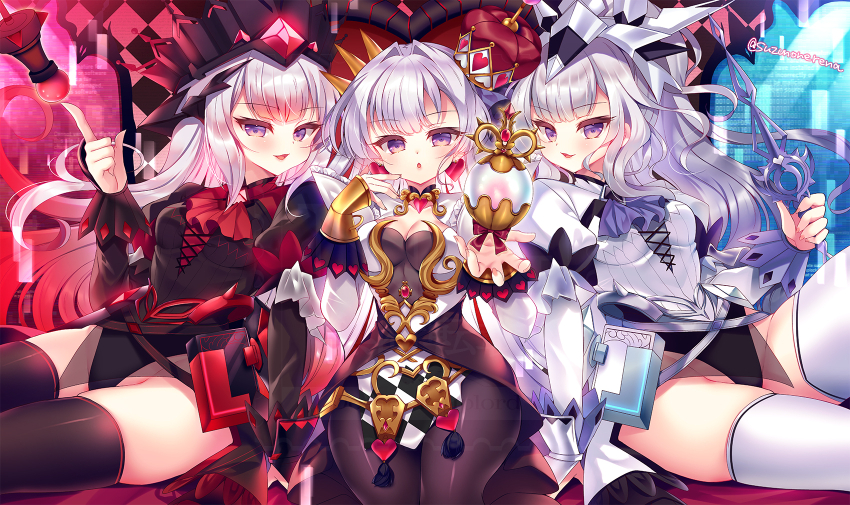 3girls, black_dress, black_pantyhose, black_thighhighs, blush, breasts, cleavage, closed_mouth