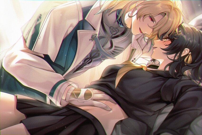 1boy, 1girl, absurdres, alternate_costume, aqua_coat, black_hair, black_serafuku, black_shirt