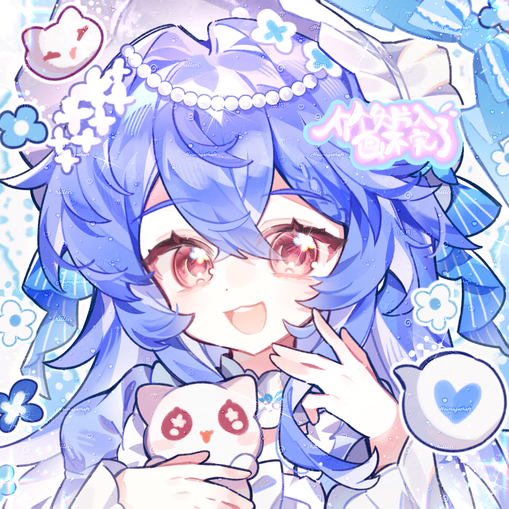 1girl, :3, :d, blue_hair, cat, crossed_bangs, double-parted_bangs, fu_pian_ren