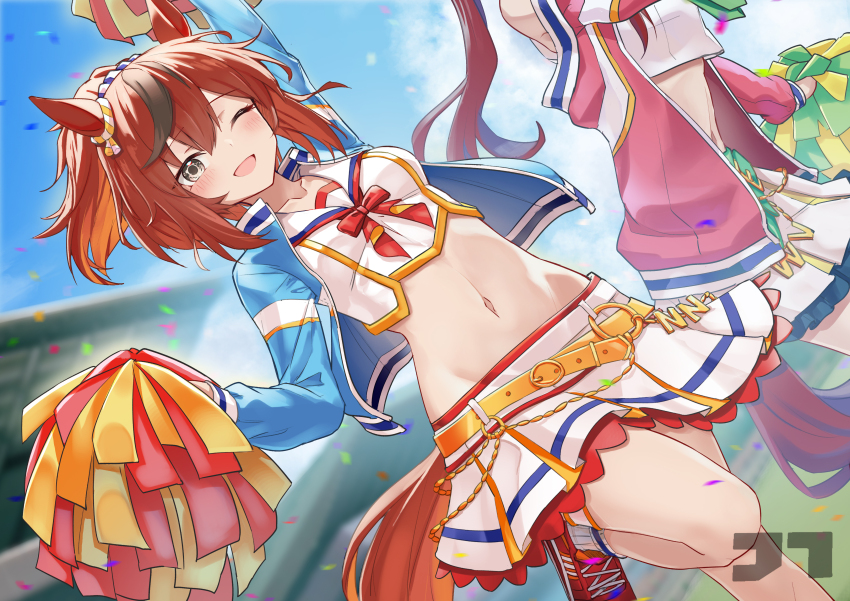 2girls, ;d, absurdres, animal_ears, arm_up, belt, belt_buckle, blue_jacket, blue_sky, breasts, brown_eyes, brown_hair, buckle, cheerleader, commentary_request, confetti, crop_top, day, genkai_made_pom_pon!!, highres, holding, holding_pom_poms, horse_ears, horse_girl, horse_tail, jacket, jtleeklm, long_hair, looking_at_viewer, medium_breasts, medium_hair, multicolored_hair, multiple_girls, navel, nice_nature_(run&amp;win)_(umamusume), nice_nature_(umamusume), one_eye_closed, open_mouth, outdoors, pink_jacket, pom_pom_(cheerleading), pom_poms, ponytail, red_hair, shirt, skirt, sky, smile, standing, standing_on_one_leg, stomach, streaked_hair, tail, umamusume, white_shirt, white_skirt, win_variation_(umamusume), yellow_belt