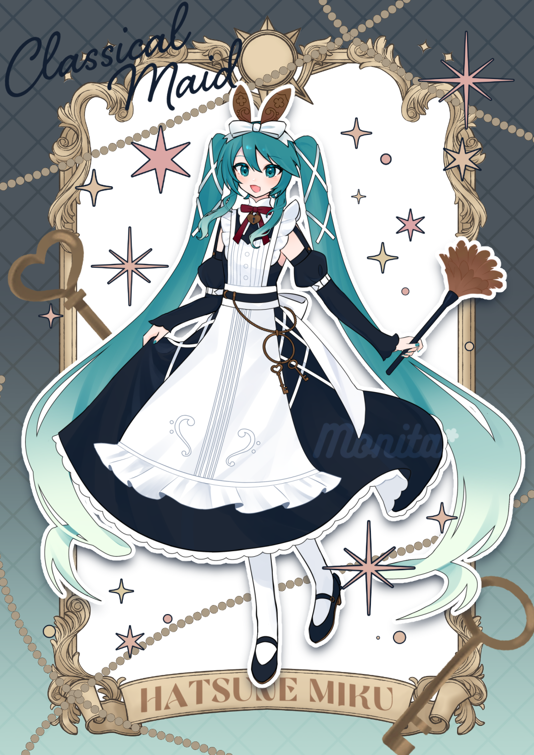 1girl, absurdly_long_hair, apron, aqua_eyes, aqua_hair, aqua_nails, black_dress, blush