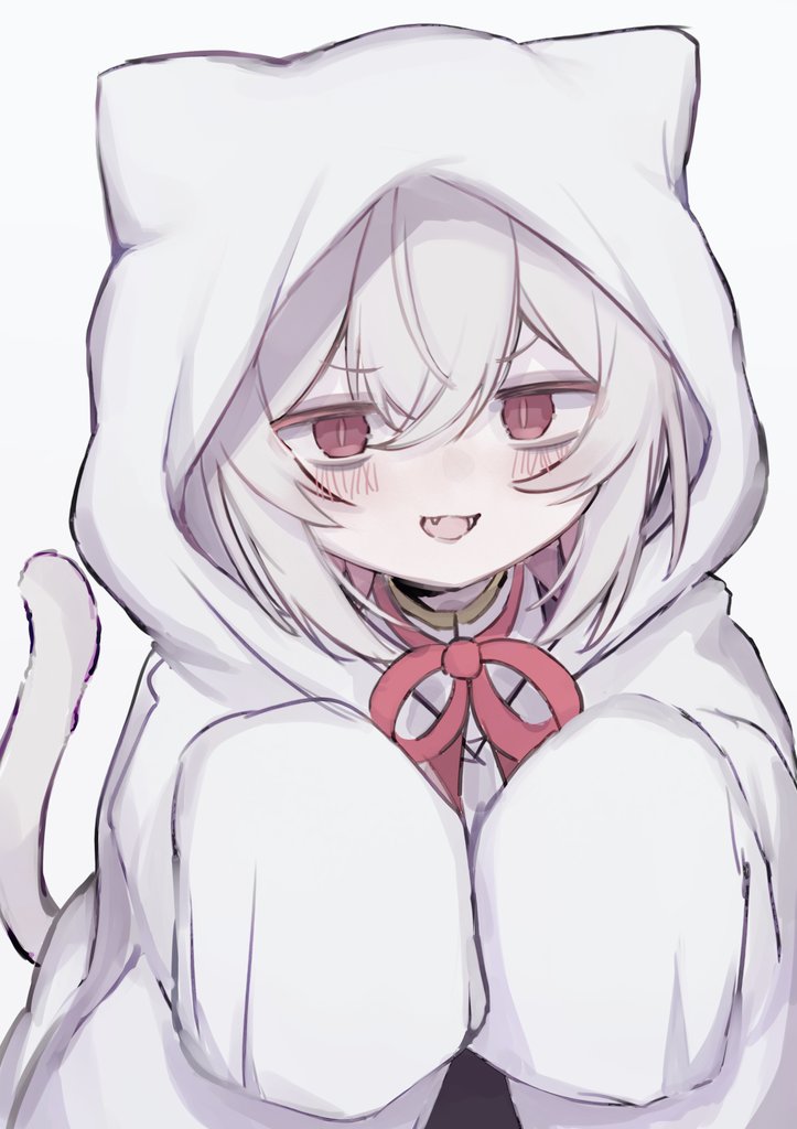 1girl, animal_hood, arazan_(ara_arazan24), bags_under_eyes, blush, cat_hood, cat_tail, evil_smile