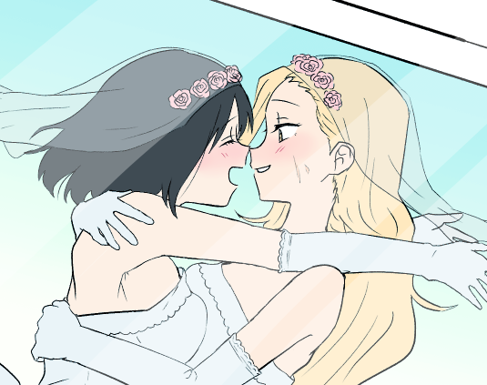 2girls, :d, ^_^, aged_up, bare_shoulders, black_hair, blonde_hair, breast_press