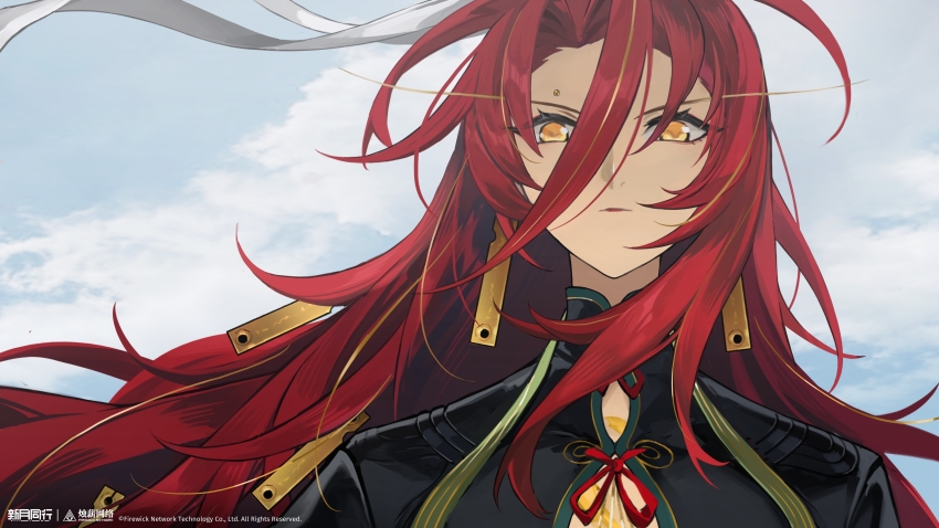 1girl, absurdres, black_dress, blue_sky, chuyi_(xinyue_tongxing), closed_mouth, cloud, cloudy_sky