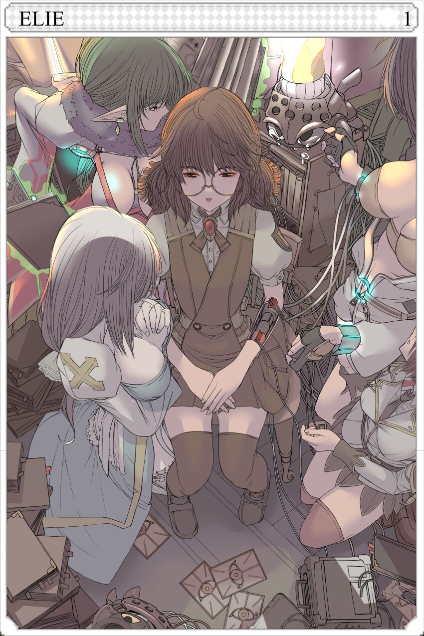 5girls, absurdres, arch_bishop_(ragnarok_online), black-framed_eyewear, black_gloves, blazer, blue_dress, book