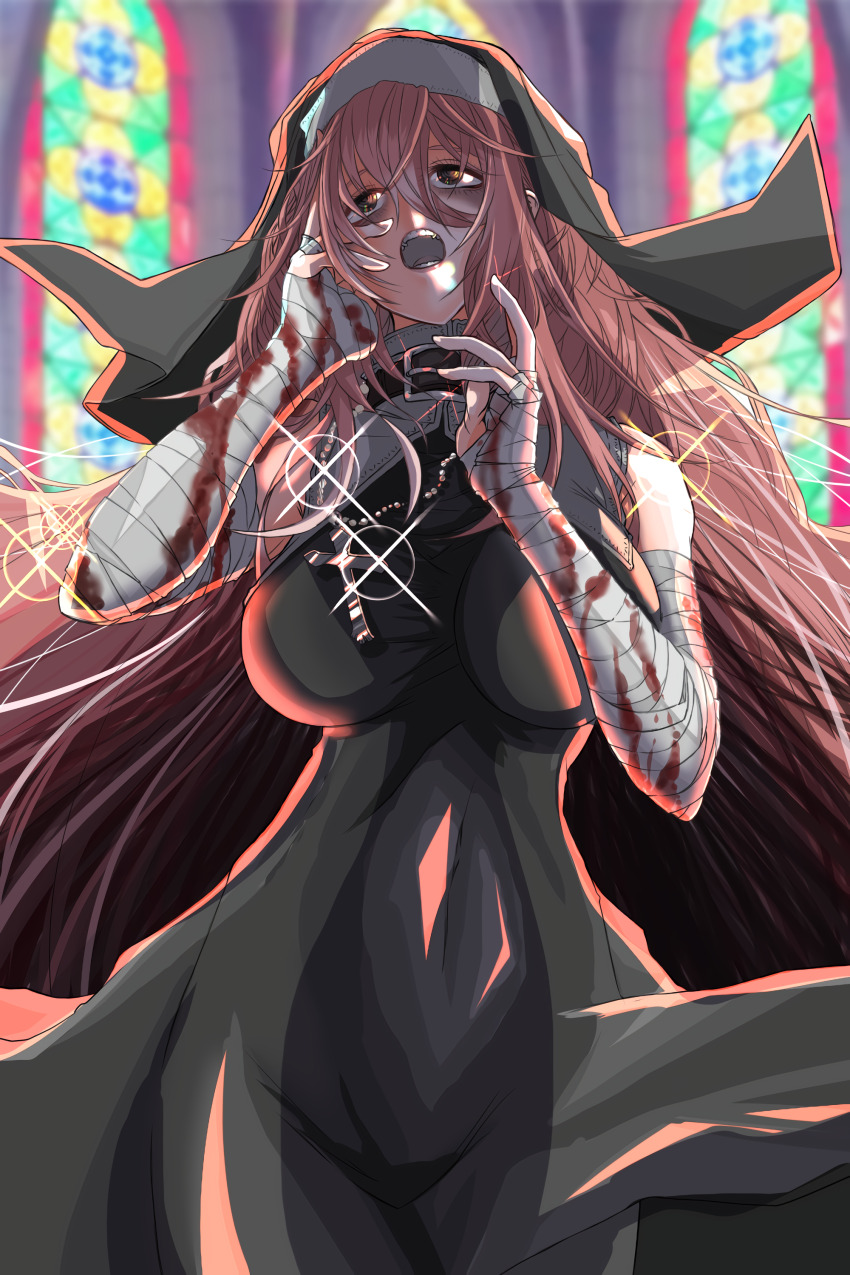 1girl, absurdres, bandaged_arm, bandages, black_coif, black_dress, blood, bloody_bandages