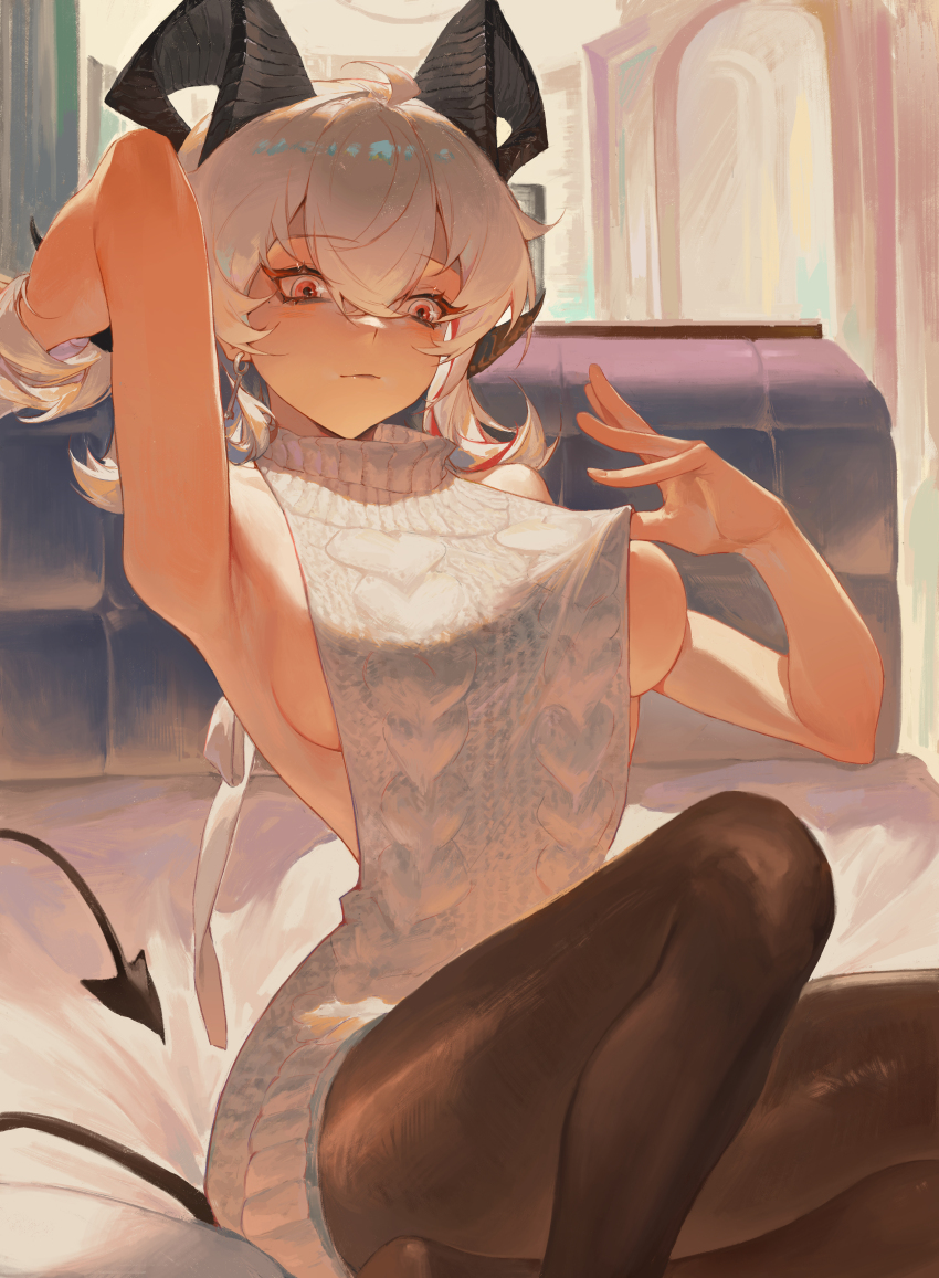 1girl, absurdres, ahoge, arm_up, bare_shoulders, black_horns, black_pantyhose, black_tail