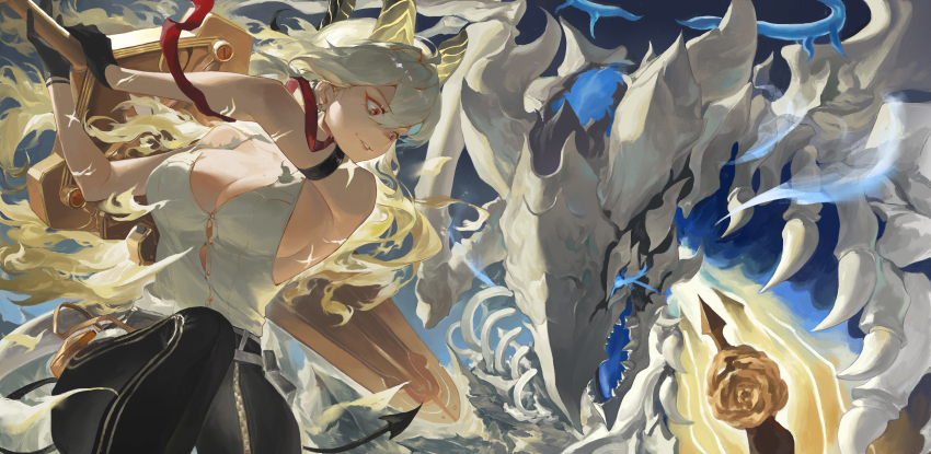 1girl, absurdres, bare_shoulders, black_gloves, black_pants, blonde_hair, bone, breasts, button_gap, cleavage, dragon, dragon_of_dirge_(wuthering_waves), fiery_hair, gloves, highres, holding, holding_sword, holding_weapon, large_breasts, liudaohai6001, long_hair, mole, mole_on_breast, pants, red_eyes, shirt, sleeveless, sleeveless_shirt, sword, weapon, white_shirt, wuthering_waves, zani_(wuthering_waves)