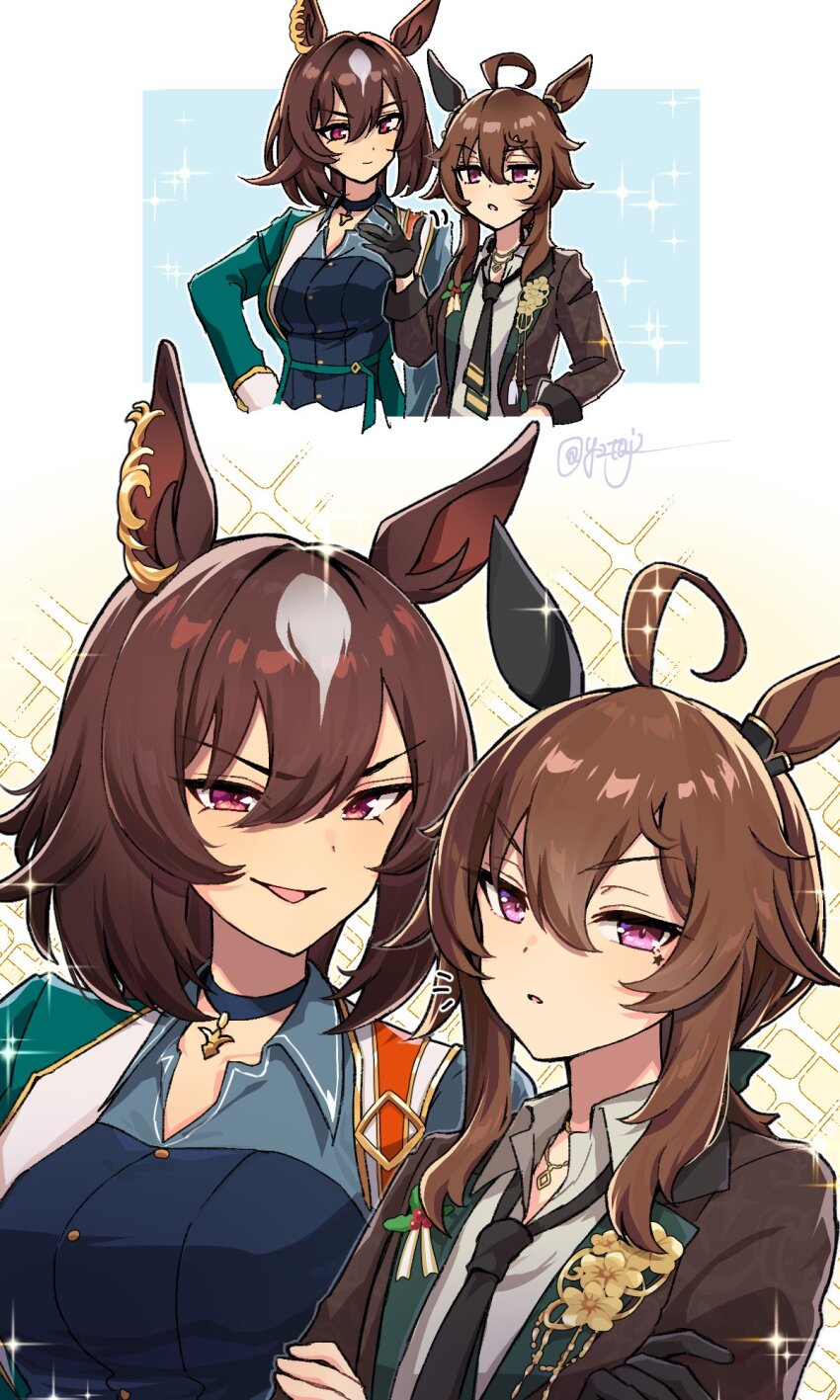 2girls, ahoge, animal_ears, asymmetrical_jacket, black_gloves, black_necktie, blush, breasts