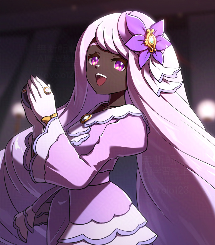 1girl, :d, blurry, blurry_background, commentary_request, dark-skinned_female, dark_skin, dress