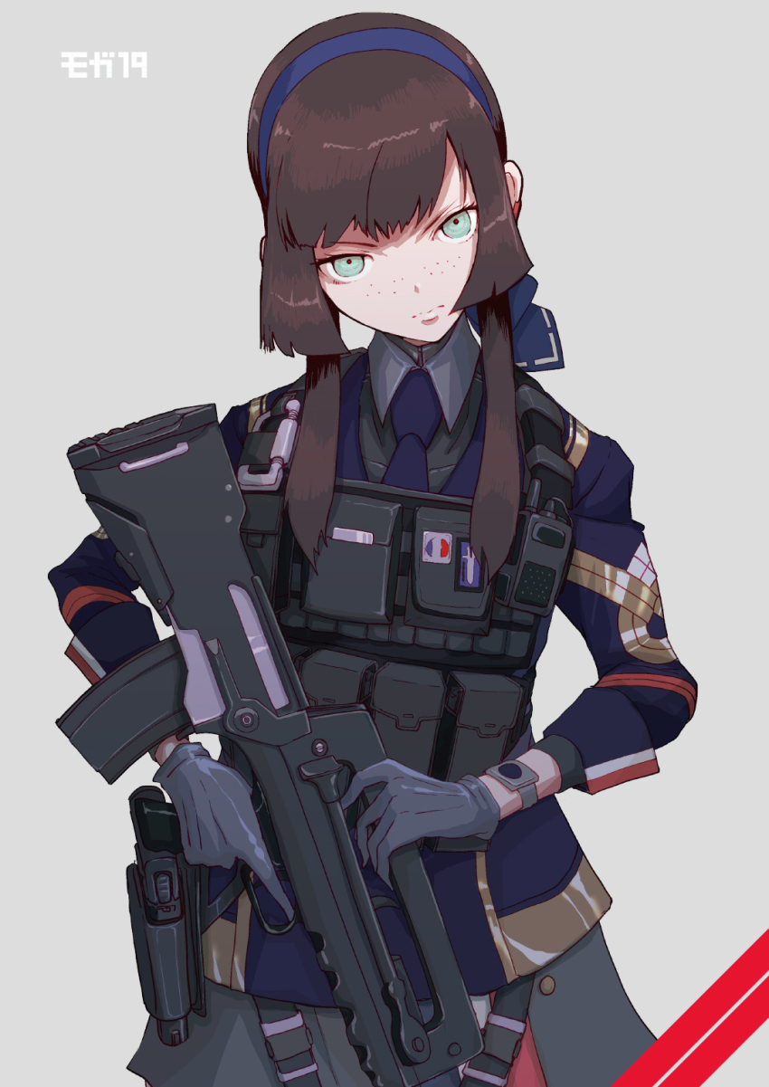 1girl, assault_rifle, black_gloves, blue_dress, blue_eyes, blue_hairband, blue_necktie, blue_ribbon