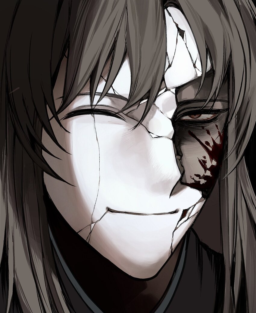 1boy, blood, blood_on_face, brown_eyes, brown_hair, closed_mouth, crack, cracked_kawaii_mask
