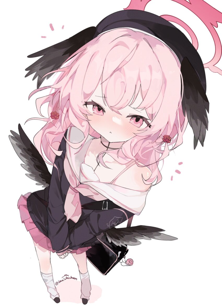 1girl, artist_name, bag, bag_charm, beret, black_bag, black_cardigan, black_shoes, black_wings, blue_archive, cardigan, charm_(object), commentary_request, feathered_wings, floating_hair, flower, flower_hairclip, from_above, full_body, halo, hat, head_wings, highres, imaichichan, kneehighs, koharu_(blue_archive), leaning_to_the_side, light_blush, long_sleeves, looking_at_viewer, medium_hair, multiple_wings, neckerchief, notice_lines, own_hands_together, pink_eyes, pink_hair, pink_halo, pink_neckerchief, pink_skirt, pleated_skirt, red_flower, red_rose, rose, sailor_collar, shoes, simple_background, single_bare_shoulder, skirt, snail_charm, socks, solo, standing, twitter_username, white_background, white_sailor_collar, white_socks, winged_hat, wings