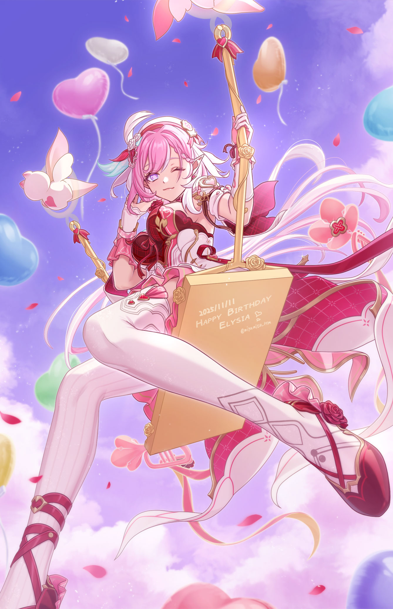 1girl, ;), balloon, beret, blue_sky, breasts, commentary_request, diamond-shaped_pupils