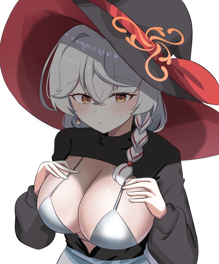 1girl, bikini, black_hat, blue_archive, blush, braid, breasts, brown_eyes