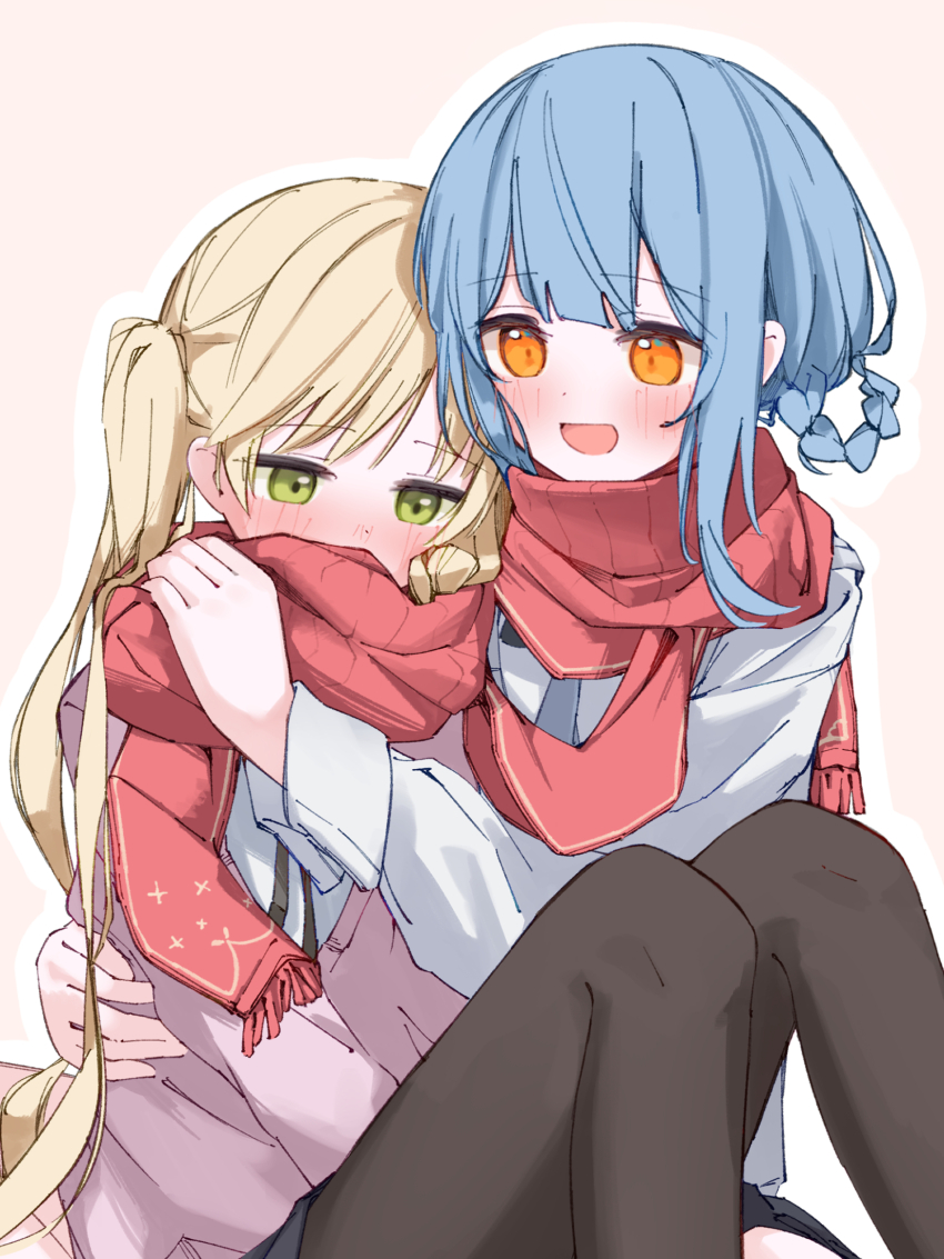 2girls, black_pantyhose, blonde_hair, blue_hair, blush, cardigan, commentary_request, covering_another's_mouth