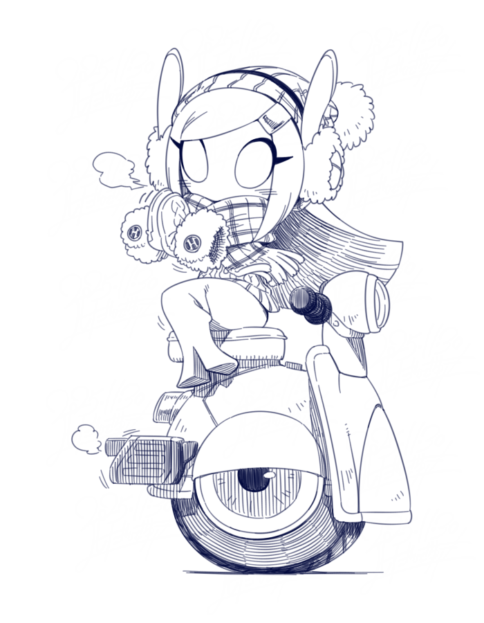 1girl, kirby_(series), kirby_air_ride, kirby_air_riders, long_hair, mittens, monochrome, nintendo, on_scooter, plaid_clothes, plaid_scarf, pupiless_eyes, scarf, susie_(kirby), visible_air, wheelie_scooter, winter_clothes, yoshida_hideyuki