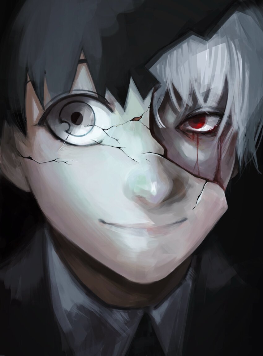 1boy, black_background, black_hair, black_jacket, blood, bloody_tears, closed_mouth, collared_shirt