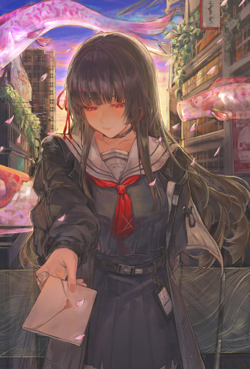 1girl, absurdres, black_hair, black_jacket, black_serafuku, black_shirt, black_skirt, blush