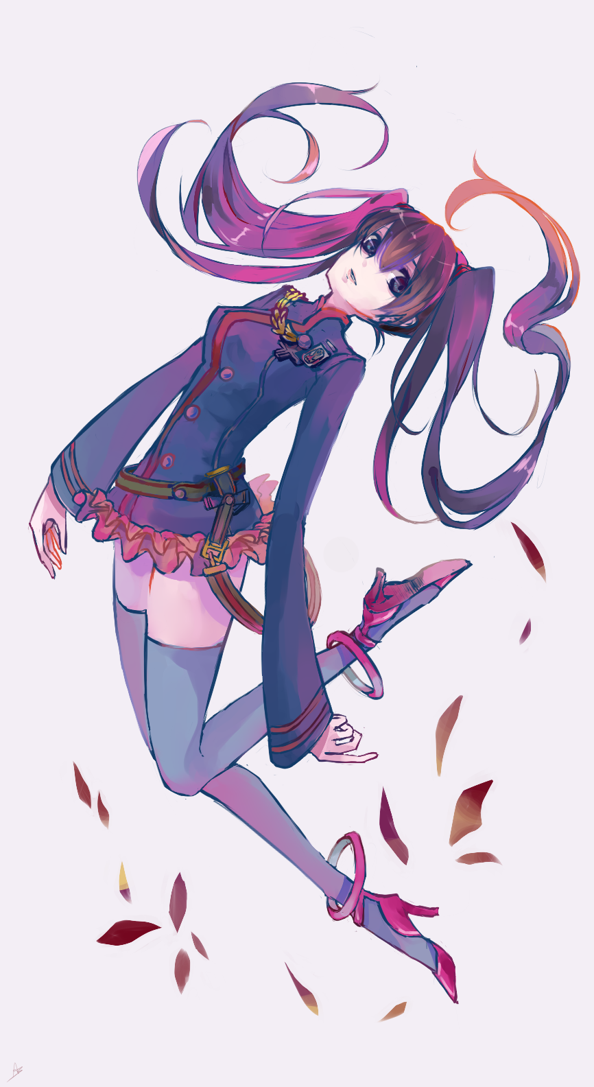 1girl, anklet, badge, belt, black_order_uniform, blue_belt, blue_jacket, blue_thighhighs