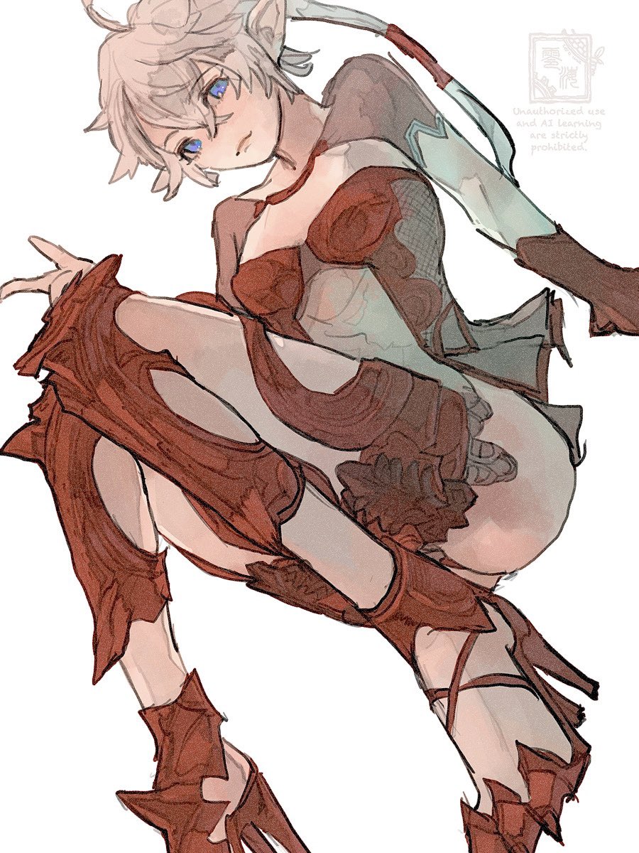 1girl, alisaie_leveilleur, alternate_costume, blue_eyes, breasts, clawed_boots, crossed_bangs, elezen, elf, final_fantasy, final_fantasy_xiv, floating, foot_out_of_frame, grey_hair, hair_between_eyes, highres, medium_breasts, pointy_ears, rabbit_day, revealing_clothes, see-through_clothes, short_hair_with_long_locks, solo, white_background, zerou_pan