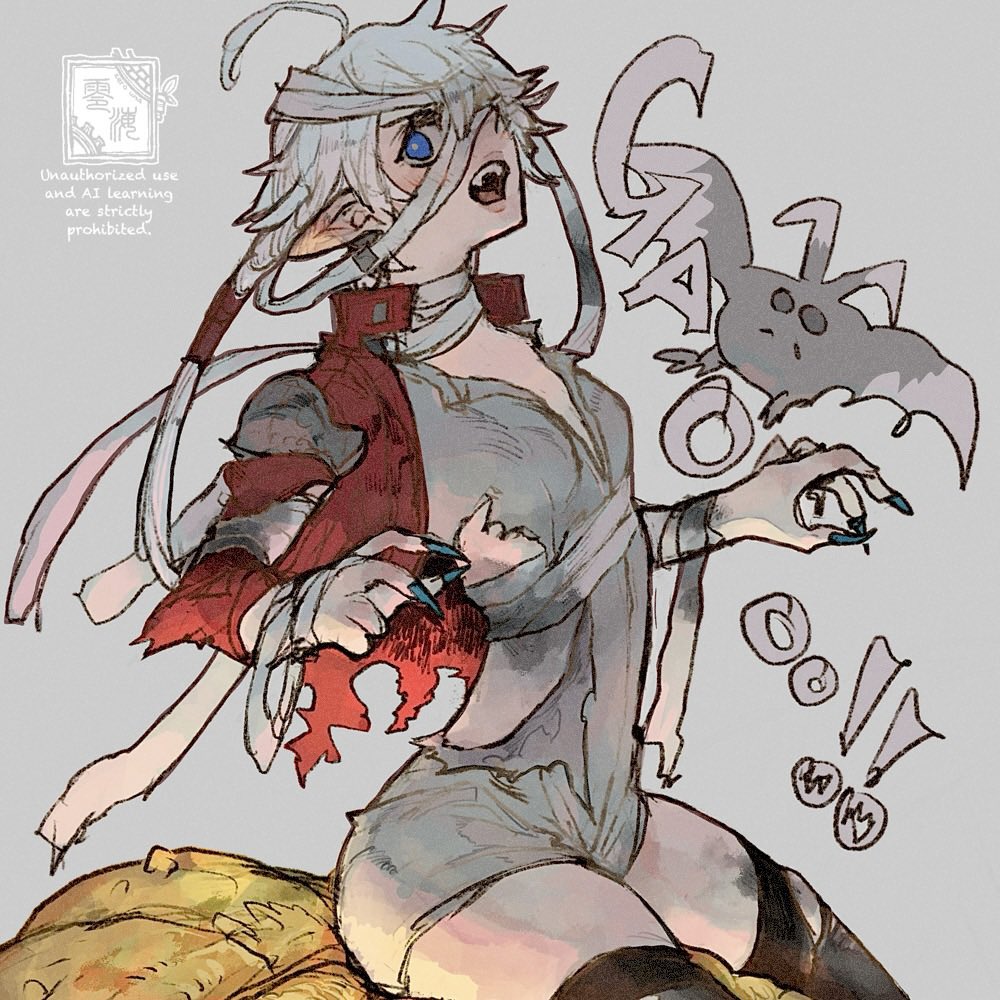 1girl, ahoge, alisaie_leveilleur, bandaged_hand, bandaged_neck, bandaged_torso, bandages, bat_(animal), black_thighhighs, blue_eyes, breasts, claws, cowboy_shot, earrings, elezen, elf, final_fantasy, final_fantasy_xiv, grey_background, grey_hair, grey_leotard, hair_over_one_eye, halloween_costume, jacket, jewelry, leotard, medium_breasts, mummy_costume, open_mouth, pointy_ears, red_jacket, short_hair_with_long_locks, sitting, solo, thighhighs, thighs, torn_clothes, zerou_pan