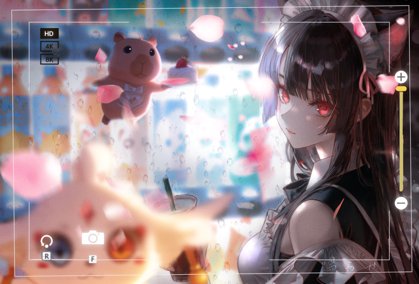 1girl, abby_(wuthering_waves), absurdres, black_hair, breasts, cake, cake_slice, chisa_(wuthering_waves), closed_mouth, commentary_request, cup, disposable_cup, drinking_straw, food, from_side, highres, holding, holding_cup, long_hair, looking_at_viewer, looking_to_the_side, maid_headdress, medium_breasts, namipon_(wuthering_waves), narase_(ffrv5573), official_alternate_costume, petals, pink_petals, red_eyes, smile, upper_body, viewfinder, wuthering_waves