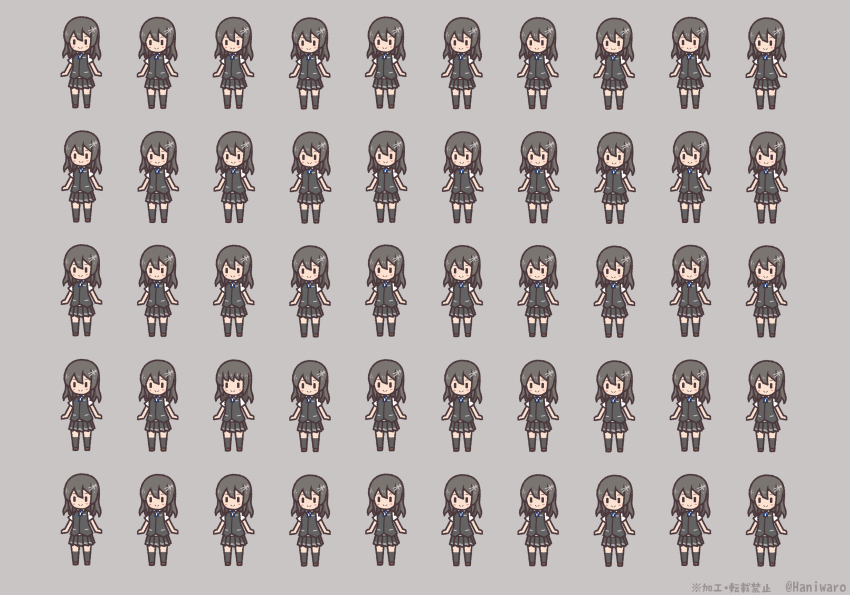 6+girls, black_hair, black_skirt, black_vest, commentary_request, grey_background, haniwaro, hayashio_(kancolle)