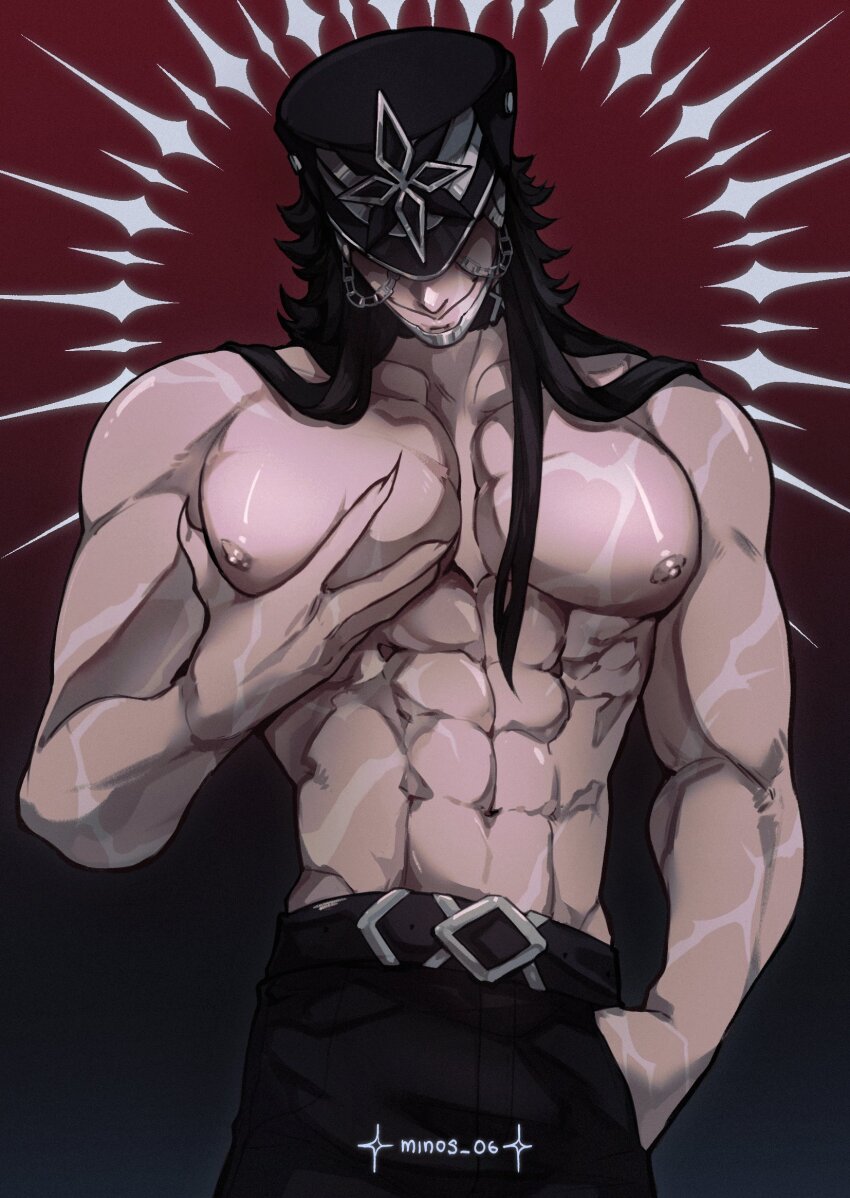 1boy, abs, arm_up, bara, belt, black_belt, black_hair, black_helmet