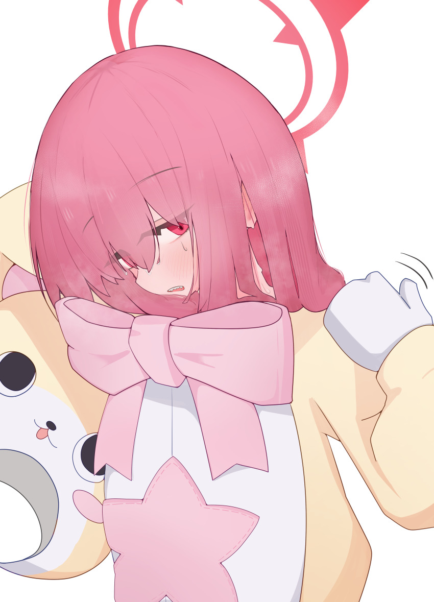 1girl, absurdres, blue_archive, bow, commentary_request, fanning_self, halo, highres, holding_mascot_head, lipton8811, long_hair, mascot_costume, mascot_head, parted_lips, pink_bow, rabu_(blue_archive), rabu_(mascot)_(blue_archive), red_eyes, red_hair, red_halo, sharp_teeth, simple_background, solo, steaming_body, sweat, teeth, white_background