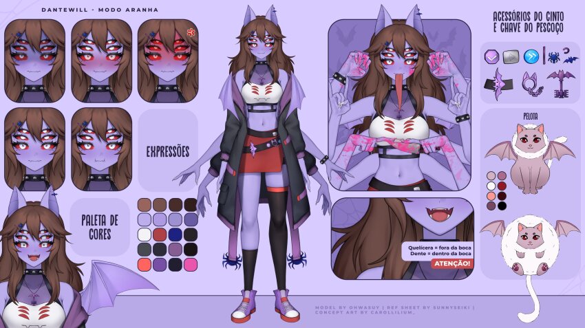 1girl, anger_vein, animal, animal_ears, arthropod_girl, asymmetrical_legwear, bat_ears, bat_wings, blood, blood_on_face, blood_on_hands, bloody_weapon, brown_hair, bug, cat, check_commentary, check_translation, choker, colored_skin, commentary, commentary_request, dante_will, dante_will_(spider), english_text, extra_arms, extra_eyes, fangs, fingernails, hair_ornament, highres, holding, holding_knife, indie_virtual_youtuber, insect_girl, knife, lilum, mismatched_legwear, mixed-language_text, monster_girl, neobaka, ohwasuy, partially_translated, pelota_(dante_will), portuguese_text, puffy_cheeks, purple_skin, reference_sheet, second-party_source, sharp_fingernails, skirt, smile, spider, spider_girl, spiked_choker, spikes, sunnyseiki, translation_request, weapon, wings